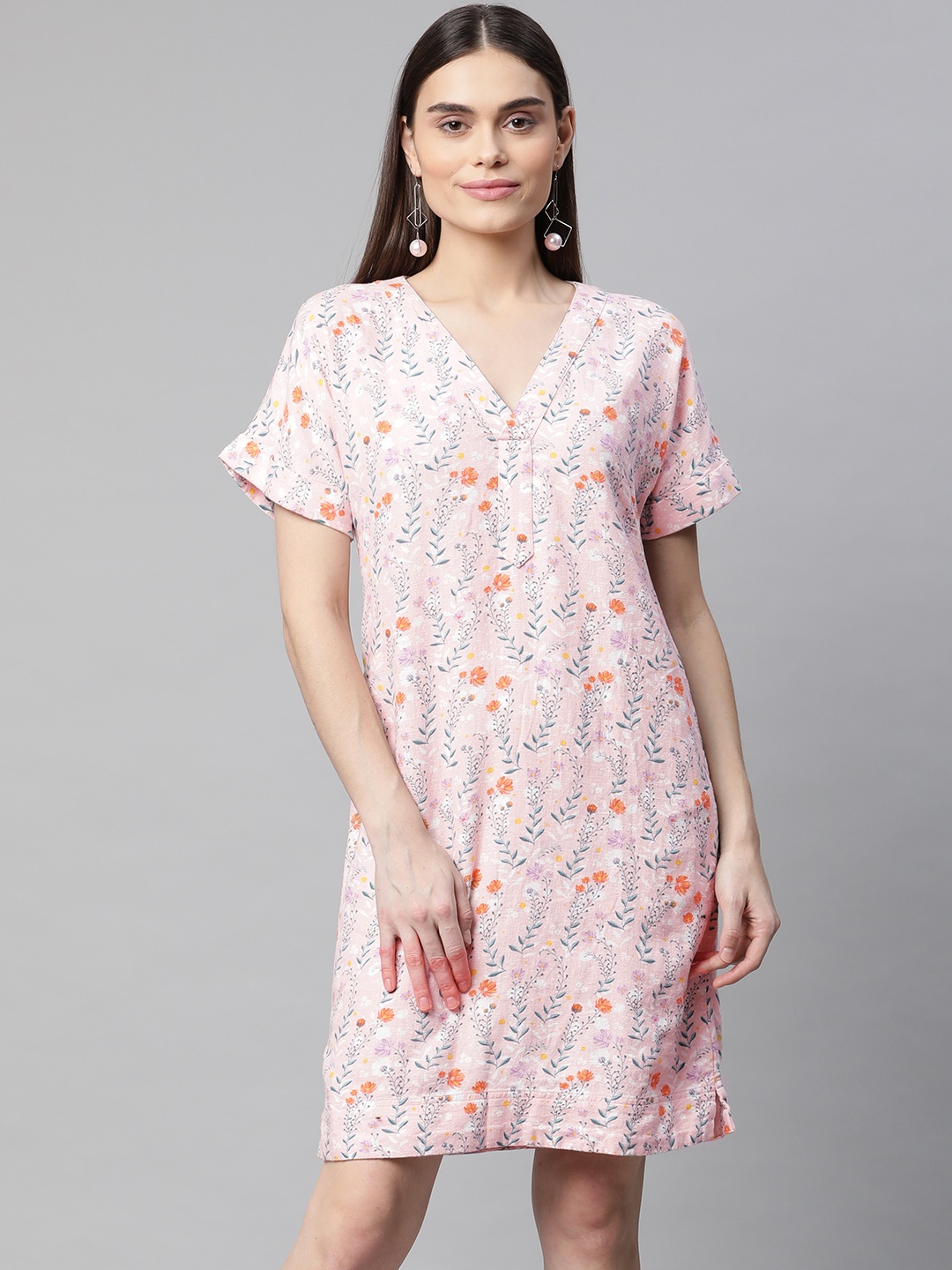 

Marks & Spencer Women Pink & Teal Green Floral Print Easy Iron Shift Dress