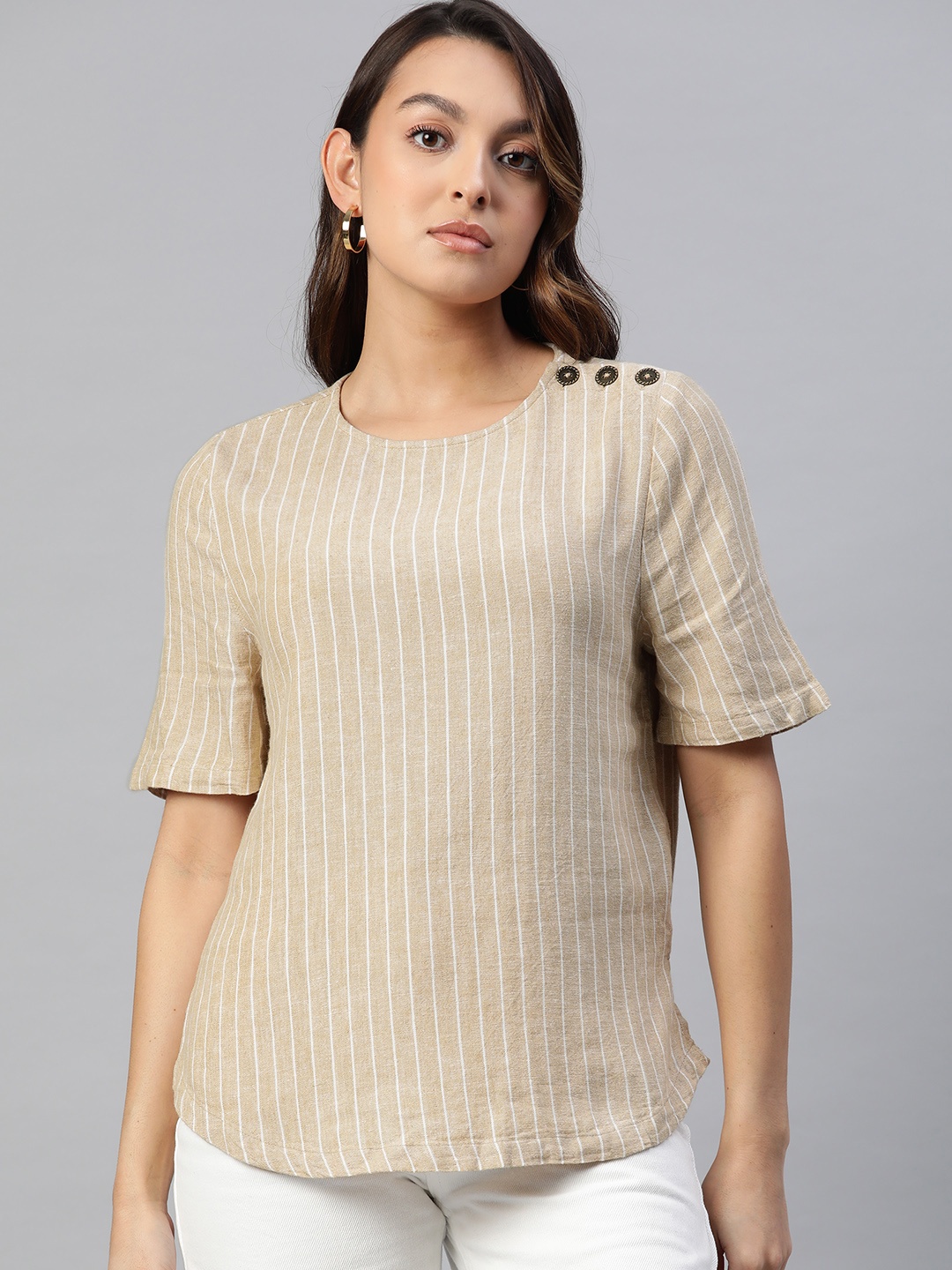 

Marks & Spencer Striped Curved Hem Top, Beige