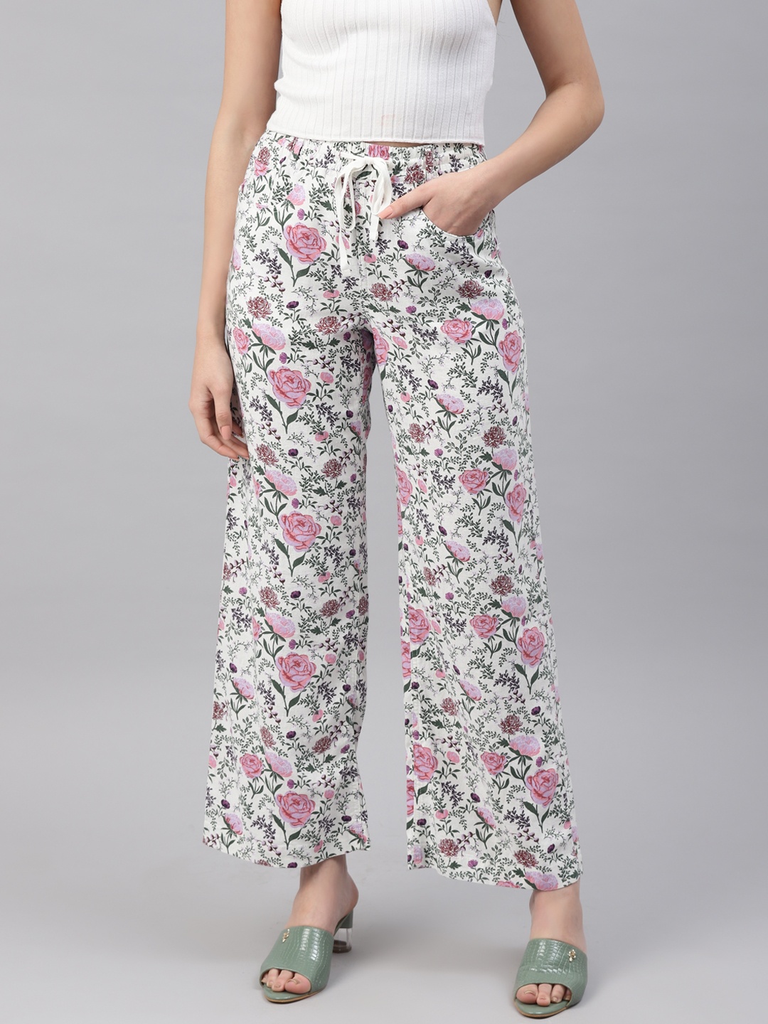 

Marks & Spencer Women White & Green Floral Printed Trousers