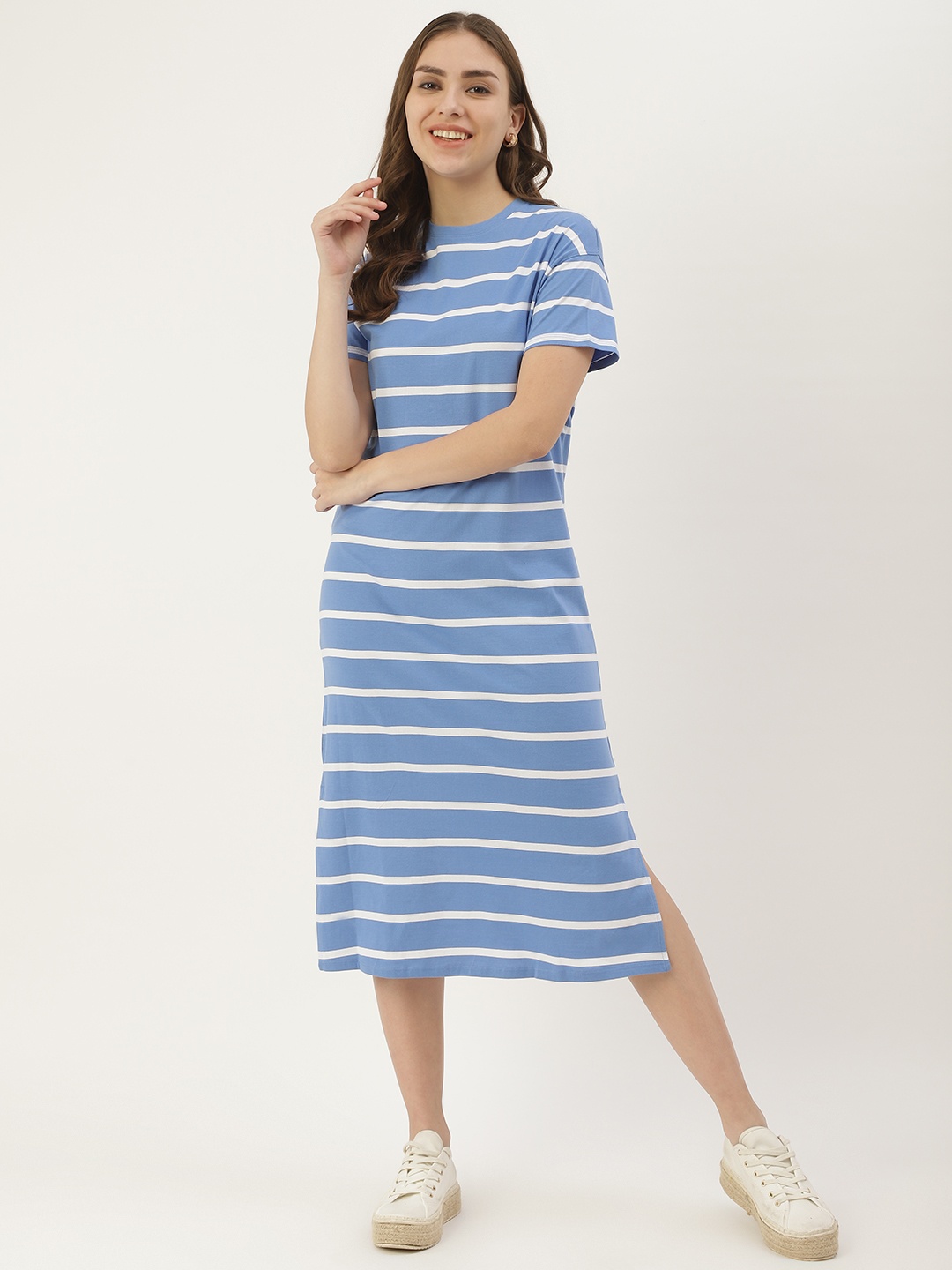 

Marks & Spencer Blue & White Pure Cotton Striped T-shirt Midi Dress