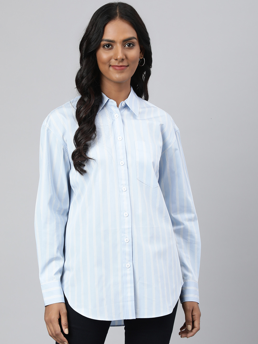 

Marks & Spencer Women Blue & White Pure Cotton Striped Casual Shirt