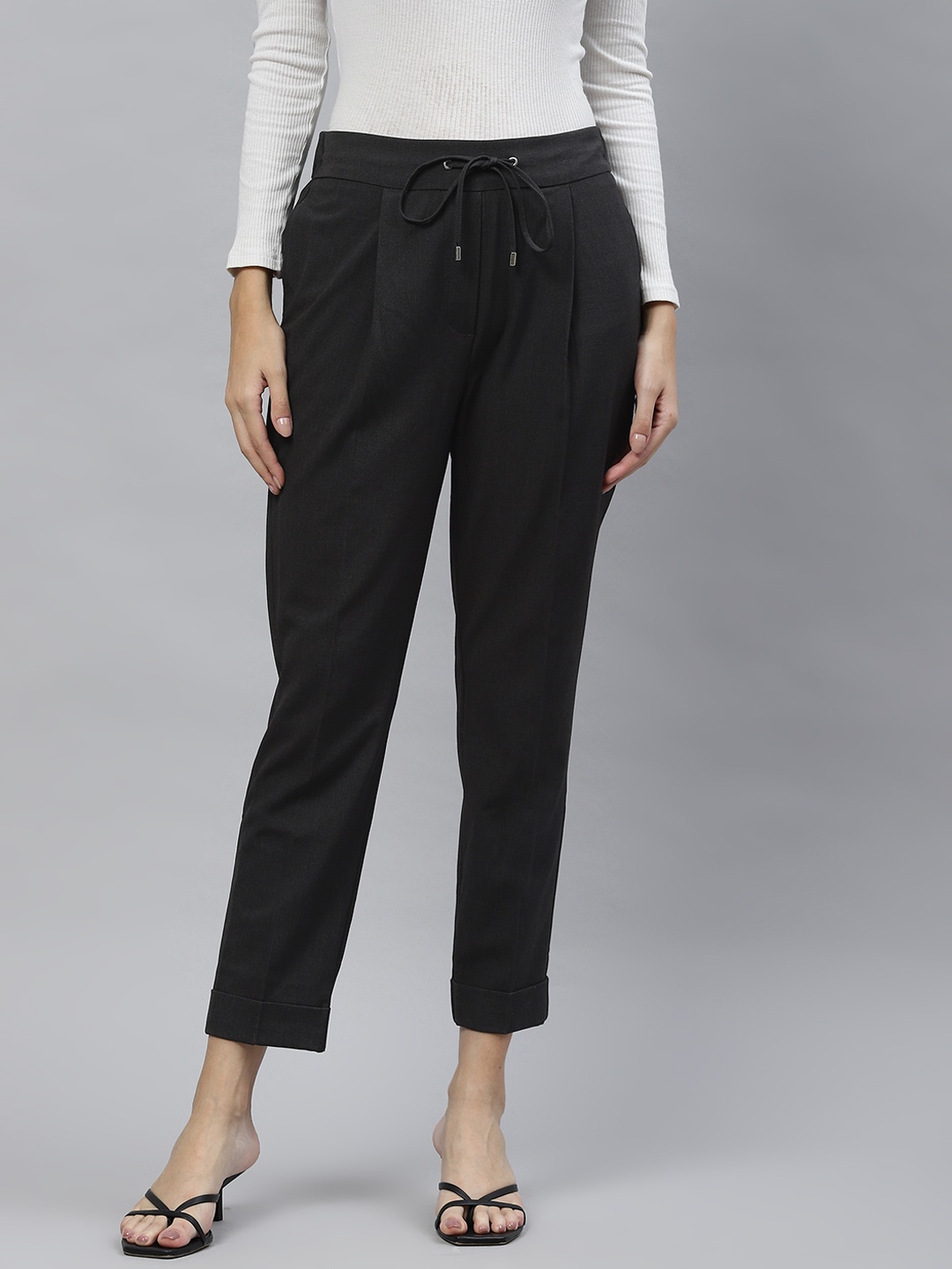 

Marks & Spencer Women Charcoal Grey Solid Pleated Trousers