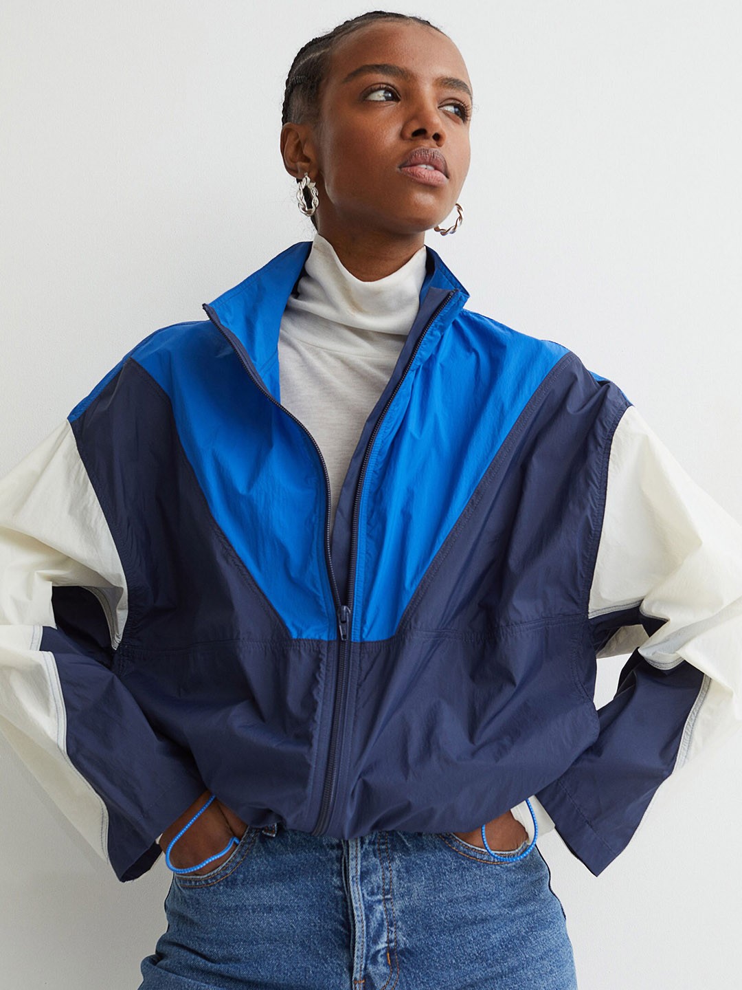 

H&M Women Blue & White Block-Coloured Nylon Jacket
