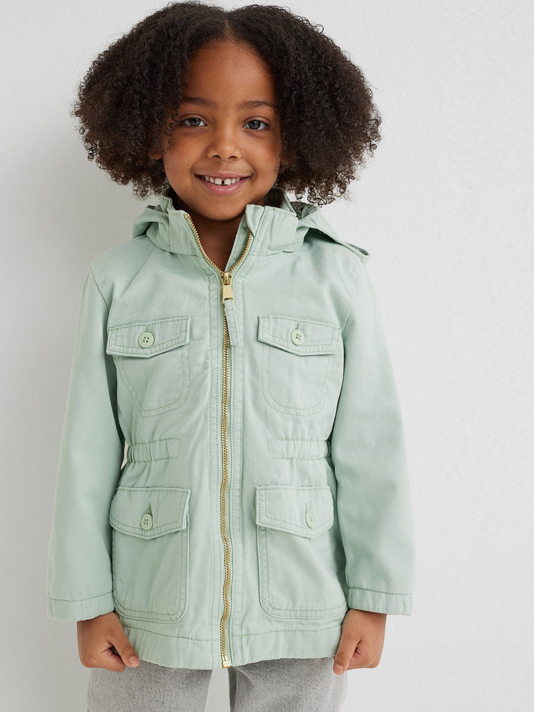 

H&M Girls Green Solid Cotton Twill Parka