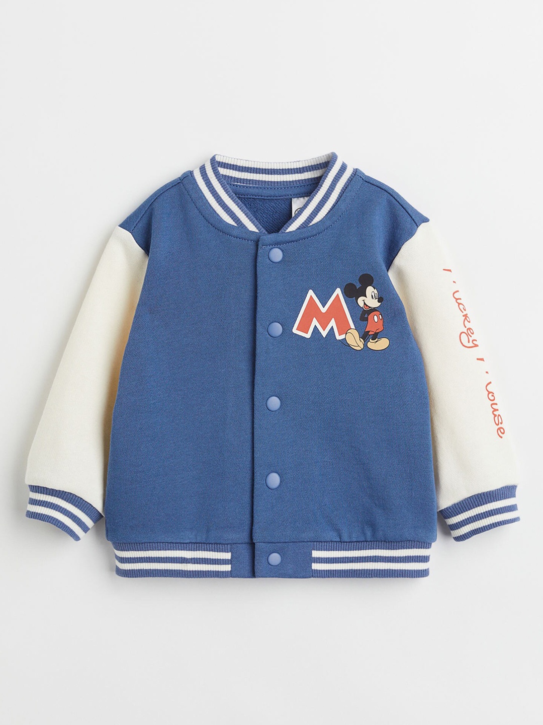 

H&M Boys Pure Cotton Mickey Mouse Printed Baseball Jacket, Blue