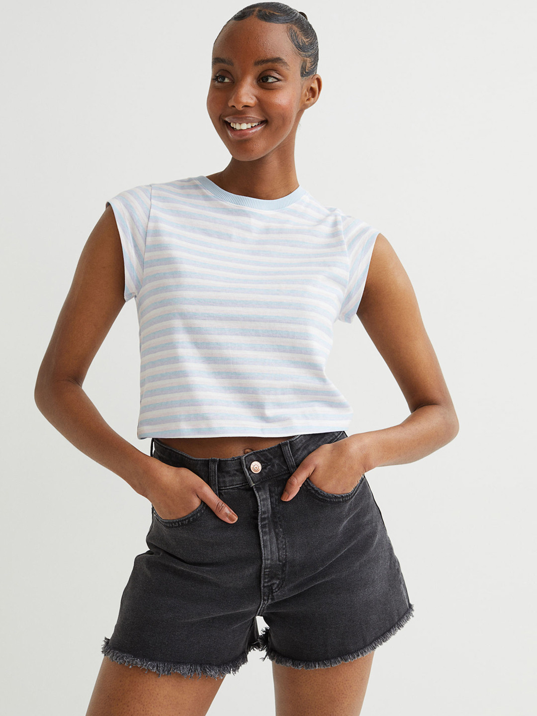 

H&M Grey High Waist Denim Shorts, Beige