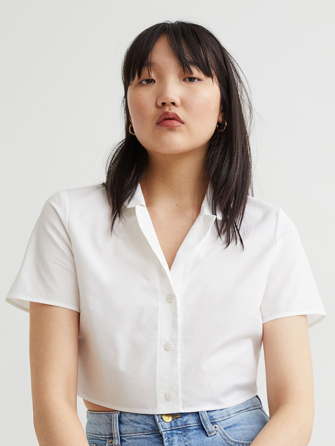 

H&M Women White Cropped Cotton Shirt