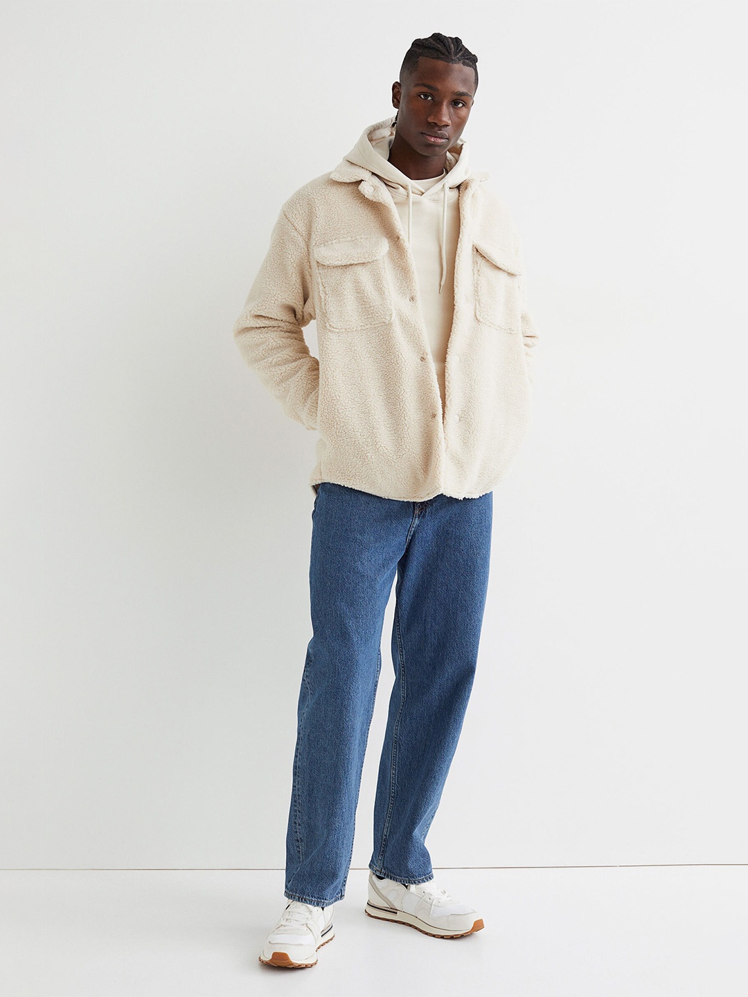 

H&M Men White & Beige Relaxed Fit Teddy overshirt