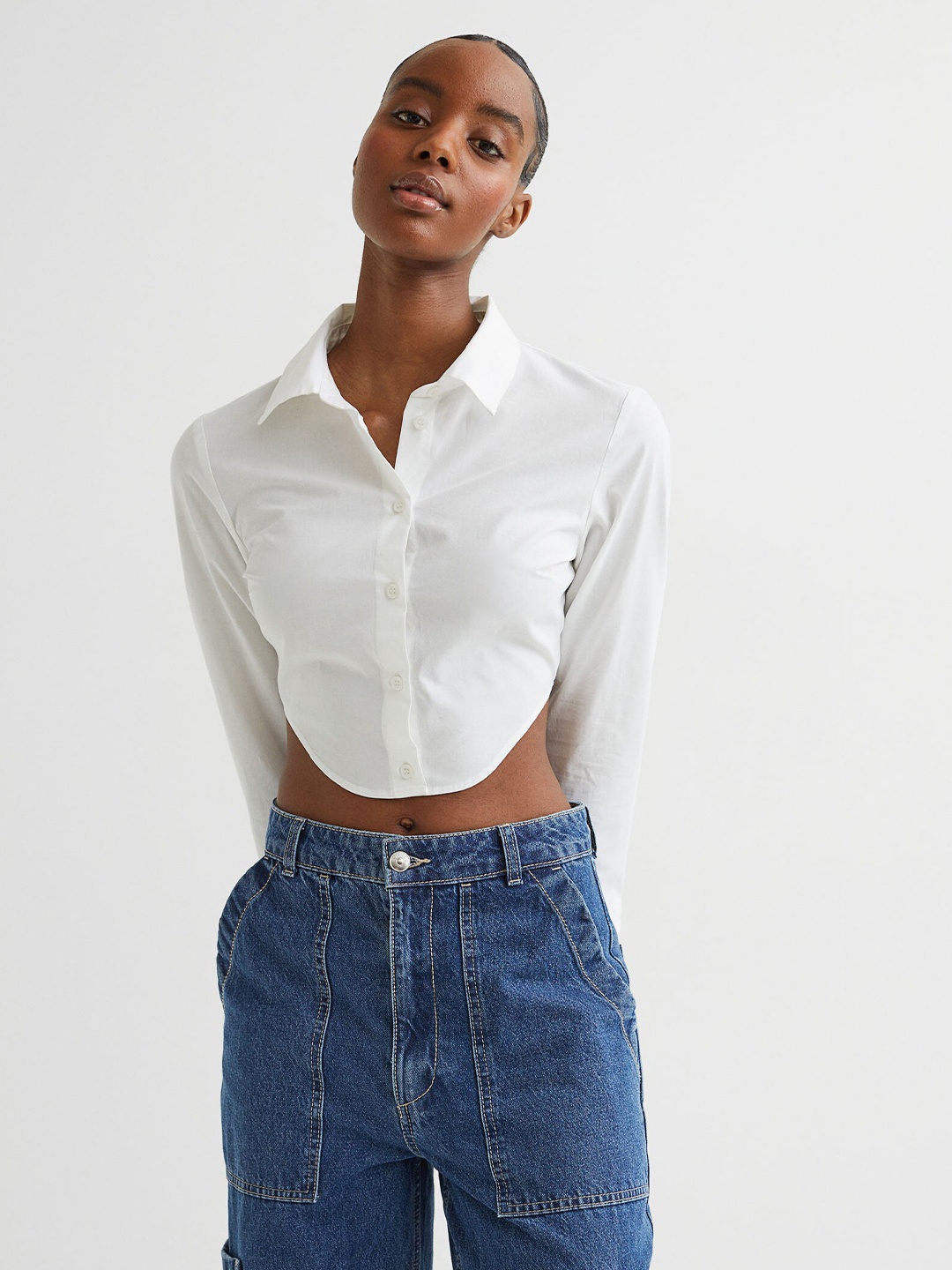 

H&M Women White Solid Regular Fit Cotton Cropped Cut-Out Shirt