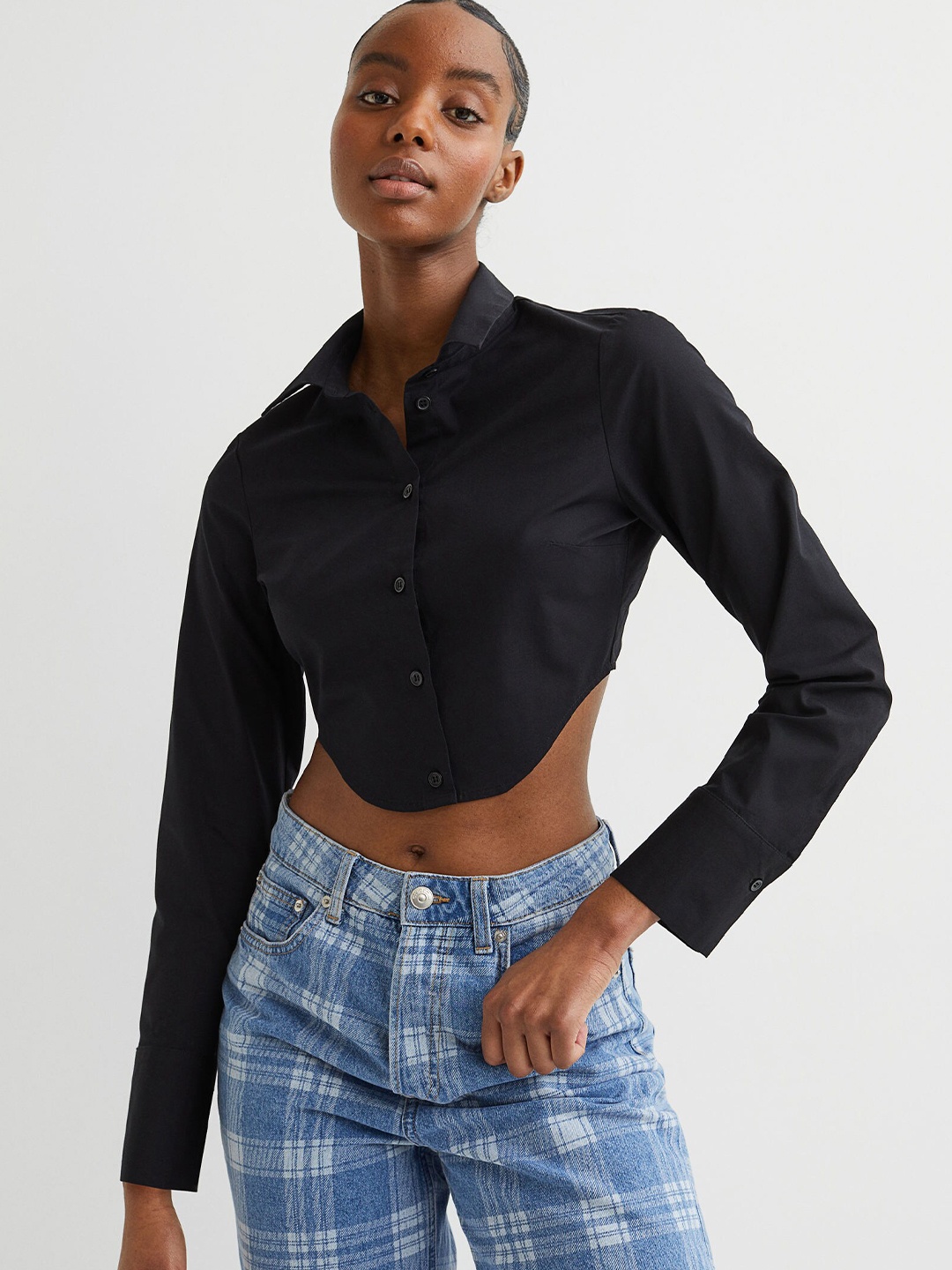 

H&M Women Black Solid Cropped Cut-Out Shirt