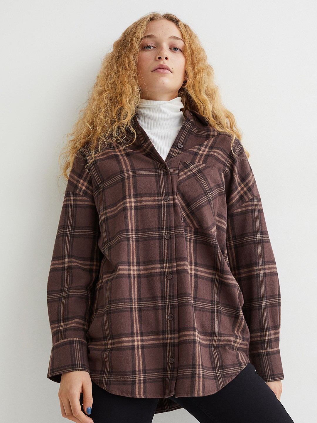 

H&M Women Brown Flannel Oversized Pure Cotton Shirt