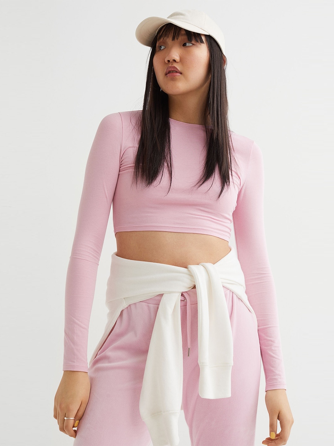 

H&M Pink Solid Cotton Jersey Cropped Top