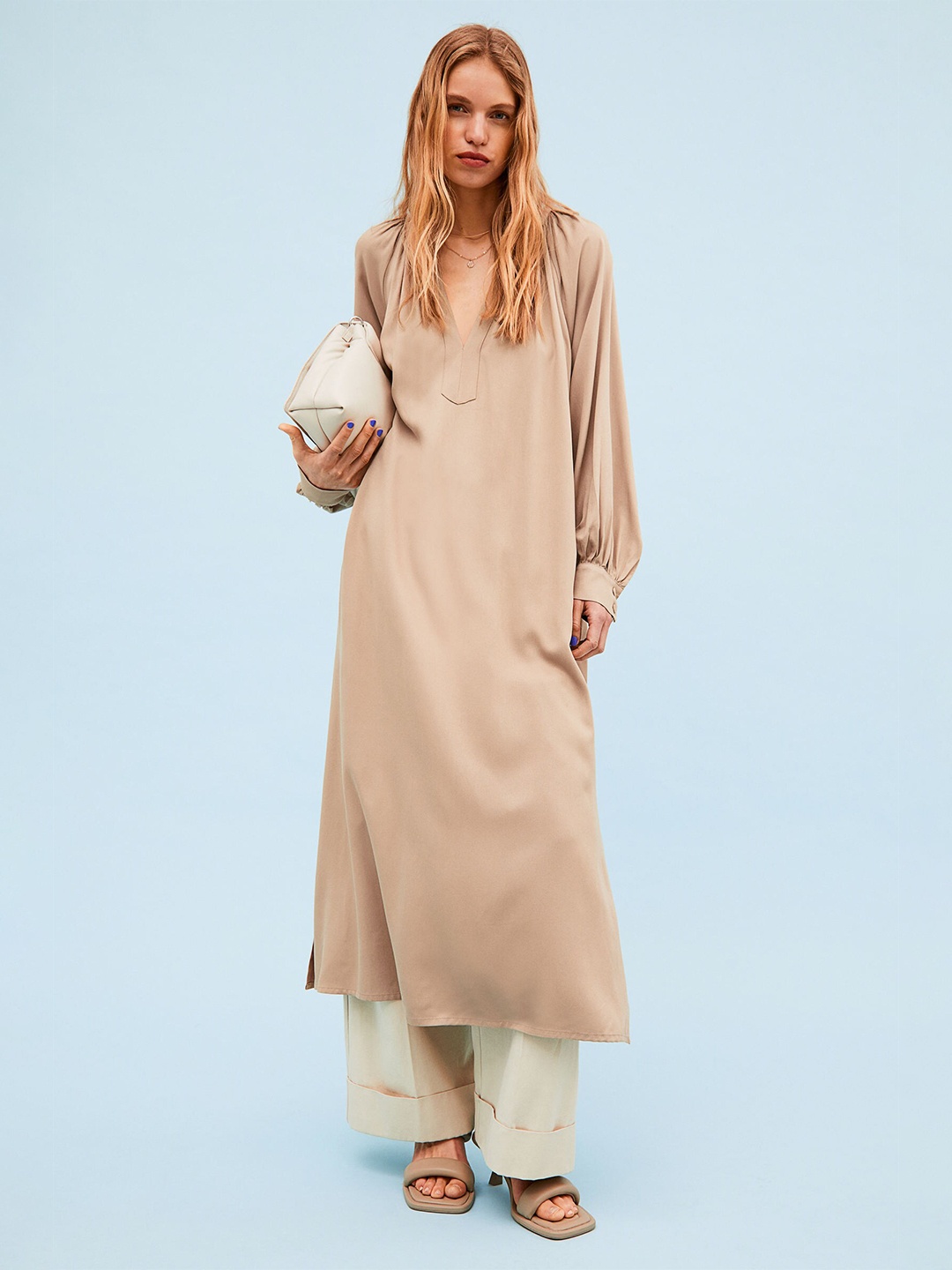 

H&M V-Neck Tie-Belt Dress, Beige
