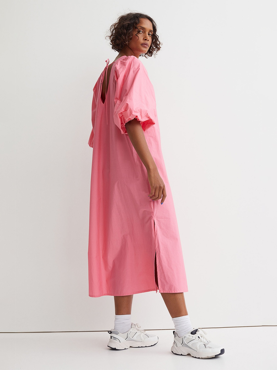 

H&M Women Pink Solid Cotton Puff-Sleeved Dress