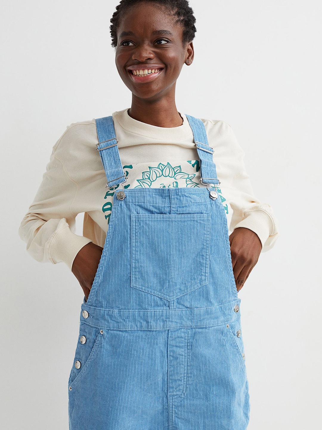 

H&M Women Blue Corduroy Dungaree Pure Cotton Dress