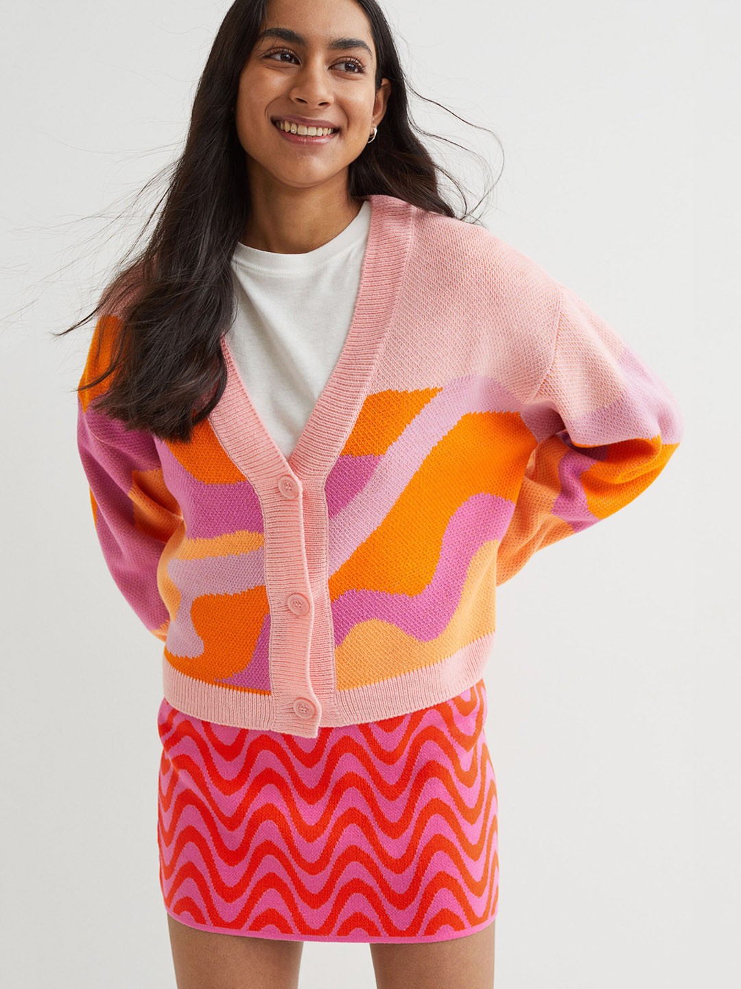

H&M Women Pink & Red Printed Knitted Skirt