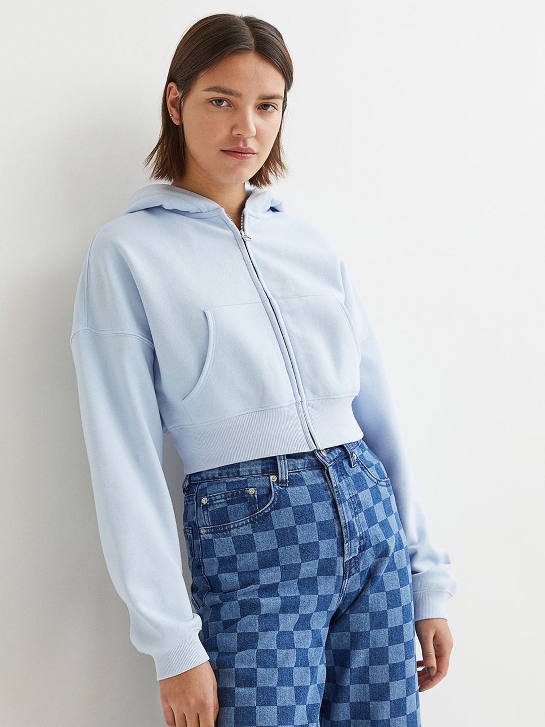 

H&M Women Blue Solid Cropped Zip-Through Hoodie