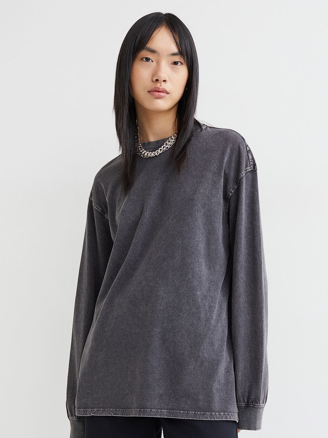 

H&M Women Black & Grey Solid Long-Sleeved Jersey Top