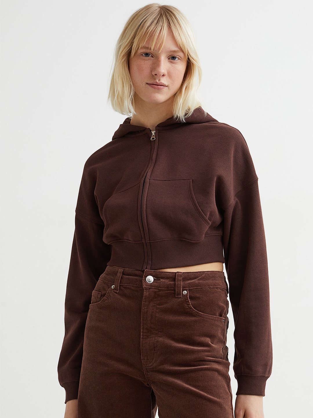 

H&M Women Brown Solid Cropped Zip-Through Hoodie