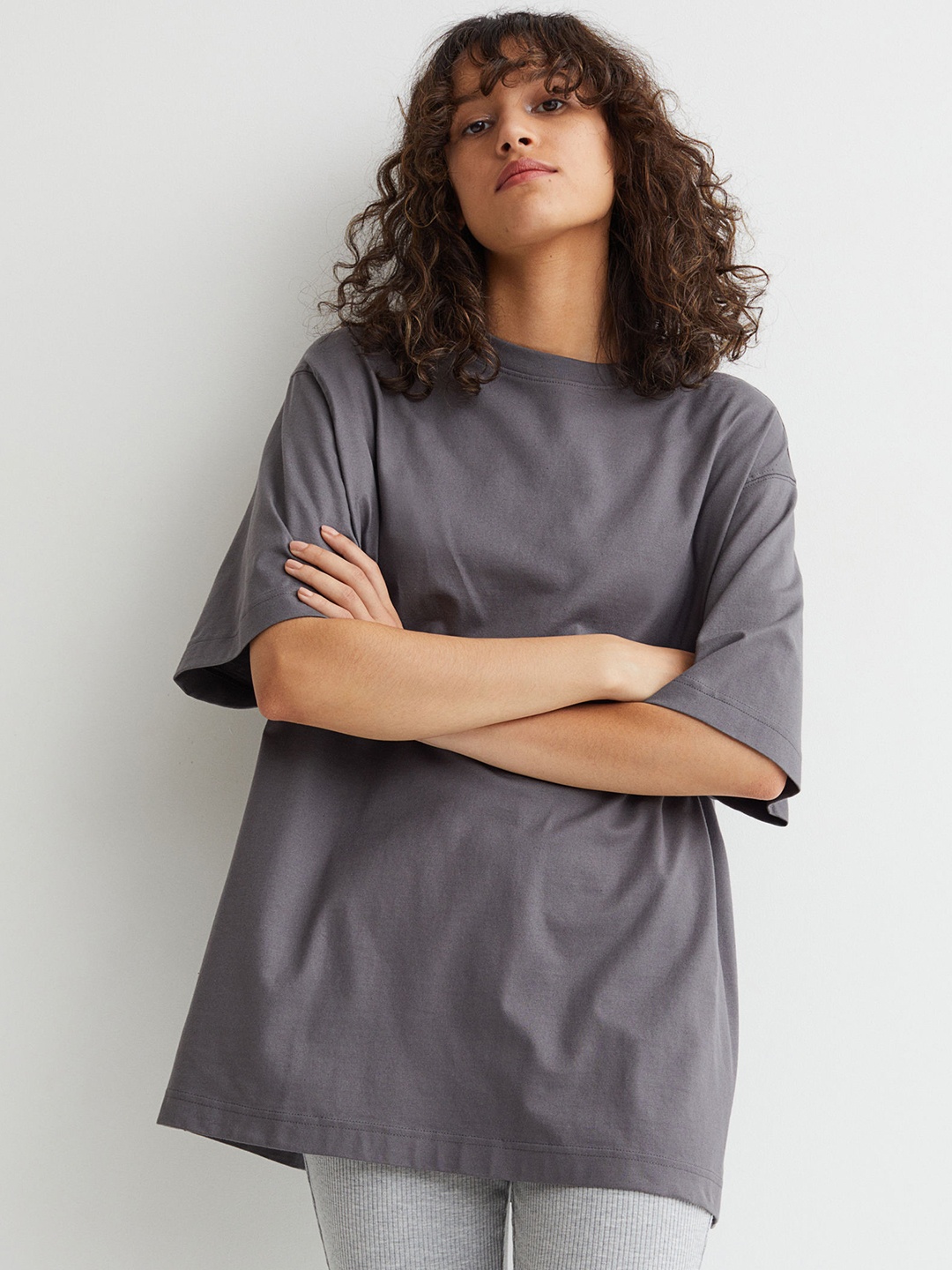 

H&M Women Grey Solid Wide Pure Cotton T-shirt