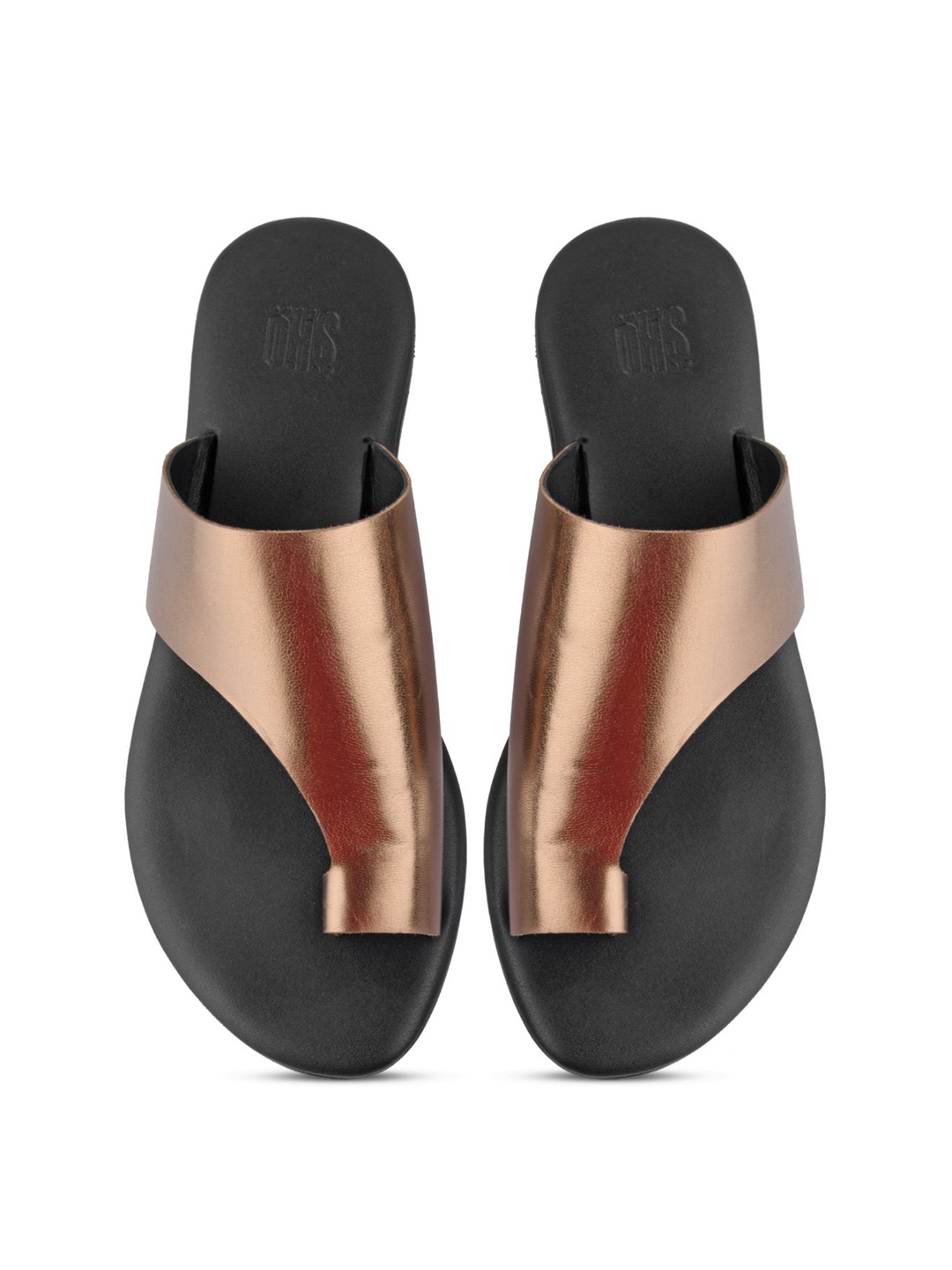 

SKO Women Bronze-Toned & Black Leather Open Toe Flats
