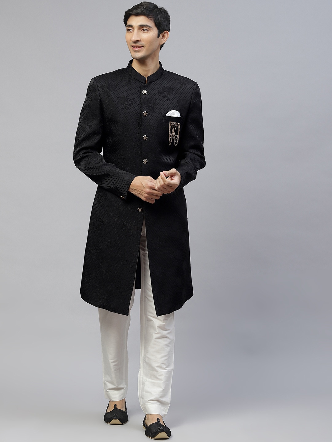

MAXENCE Men Black Floral Jacquard Sherwani with Trousers