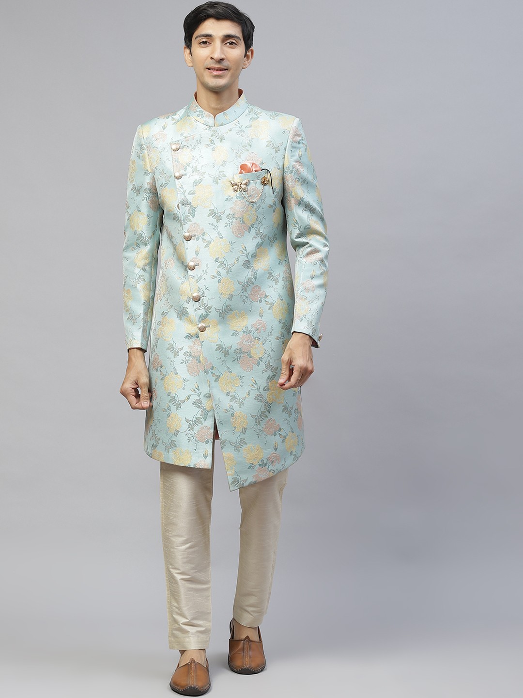 

MAXENCE Men Blue Floral Printed Jacquard Sherwani with Trousers