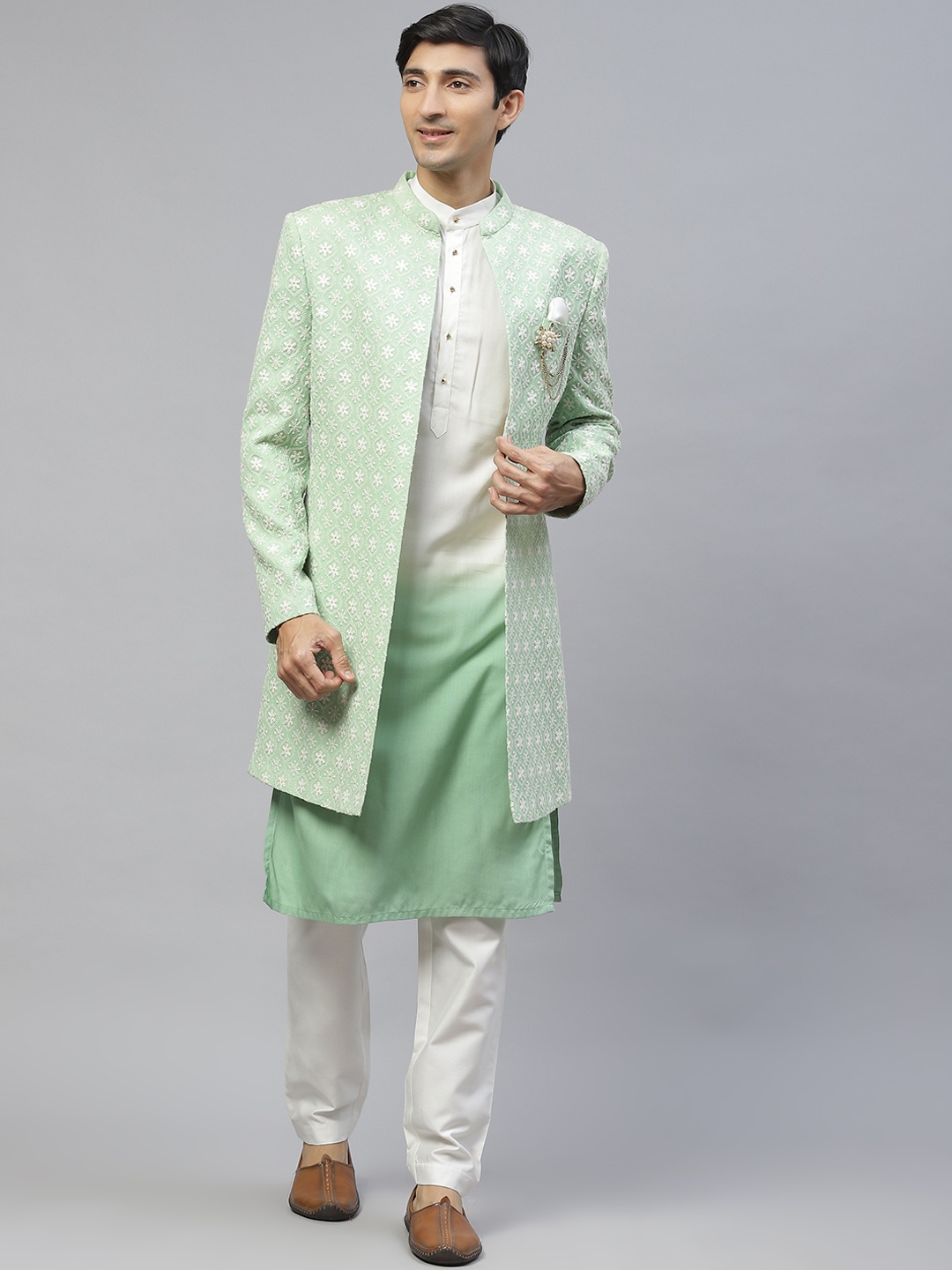 

MAXENCE Men Blue Self-Design Sherwani Set