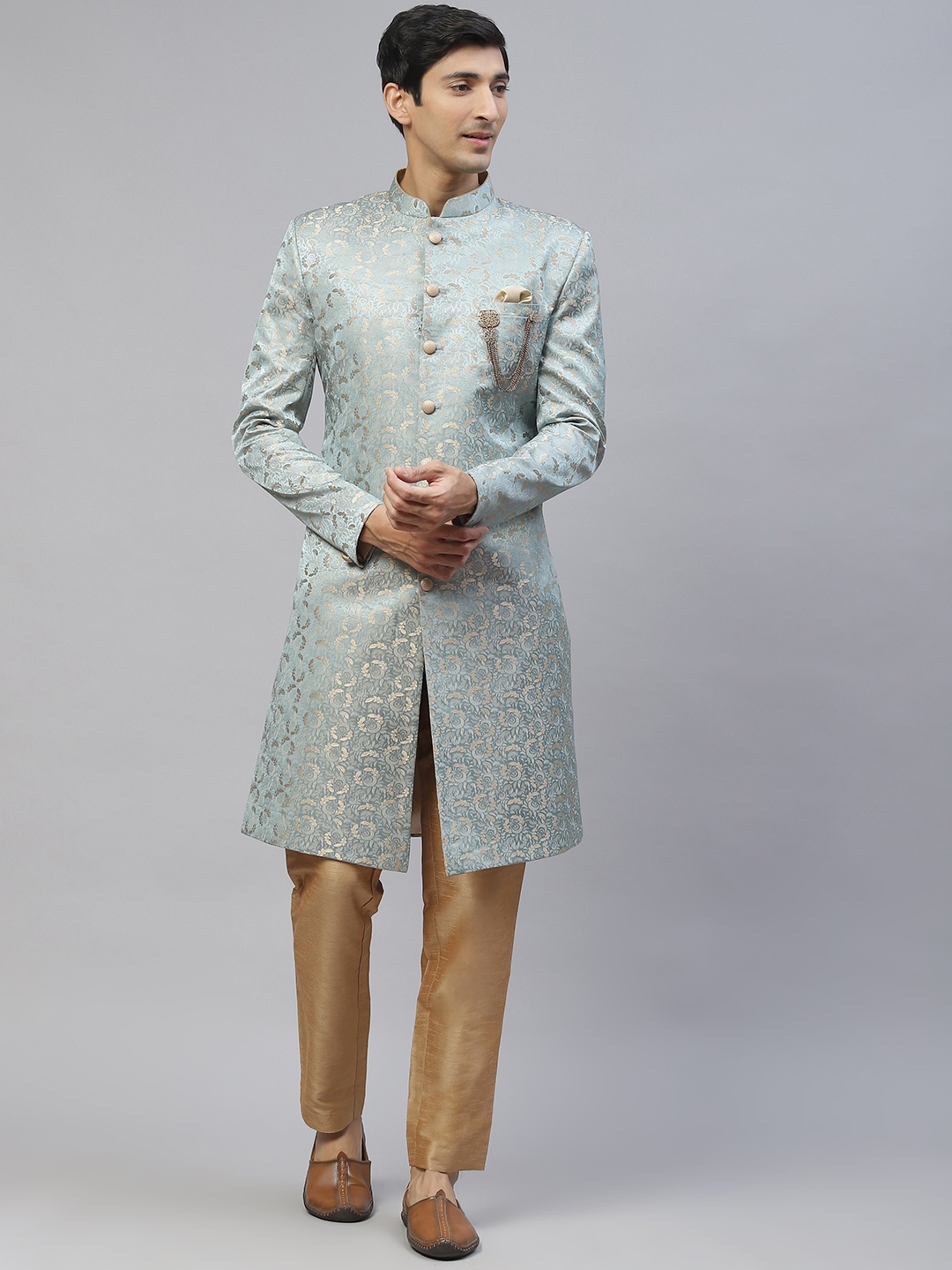 

MAXENCE Men Blue Ethnic Motifs Embroidered Jacquard Sherwani with Trousers