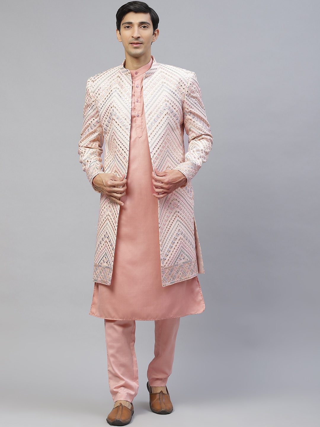 

MAXENCE Men Pink Self-Design Sherwani Set