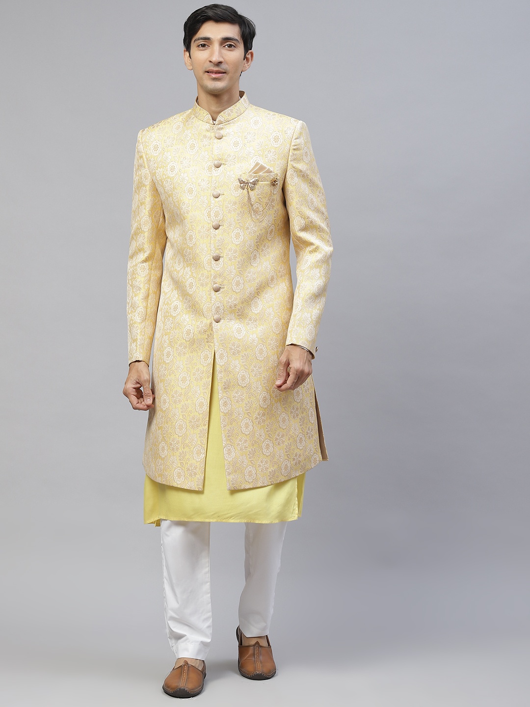

MAXENCE Men Yellow & White Floral Sherwani Set
