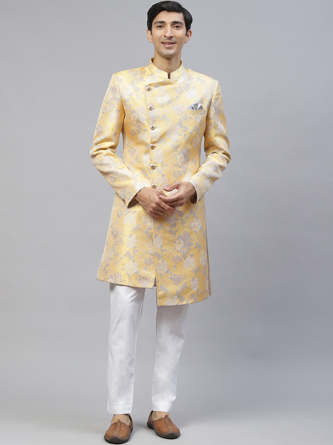 

MAXENCE Men Blue Beige Printed Jacquard Sherwani with Trousers