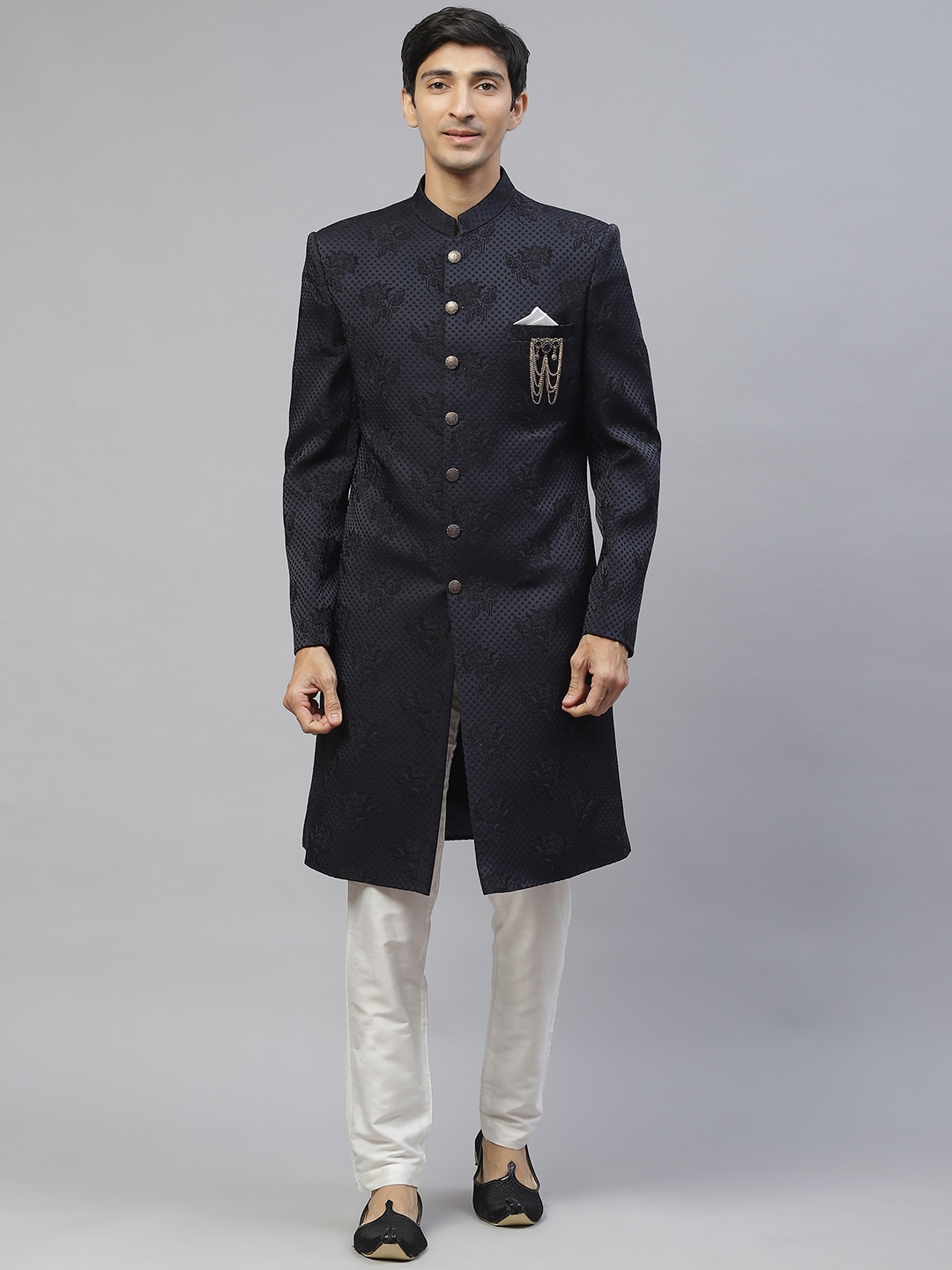 

MAXENCE Men Black Floral Jacquard Sherwani with Trousers