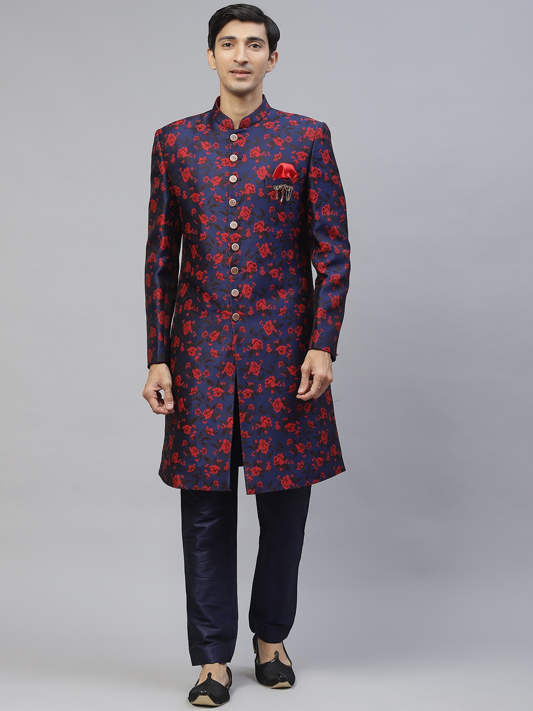 

MAXENCE Men Navy & Red Floral Print Sherwani Set, Navy blue