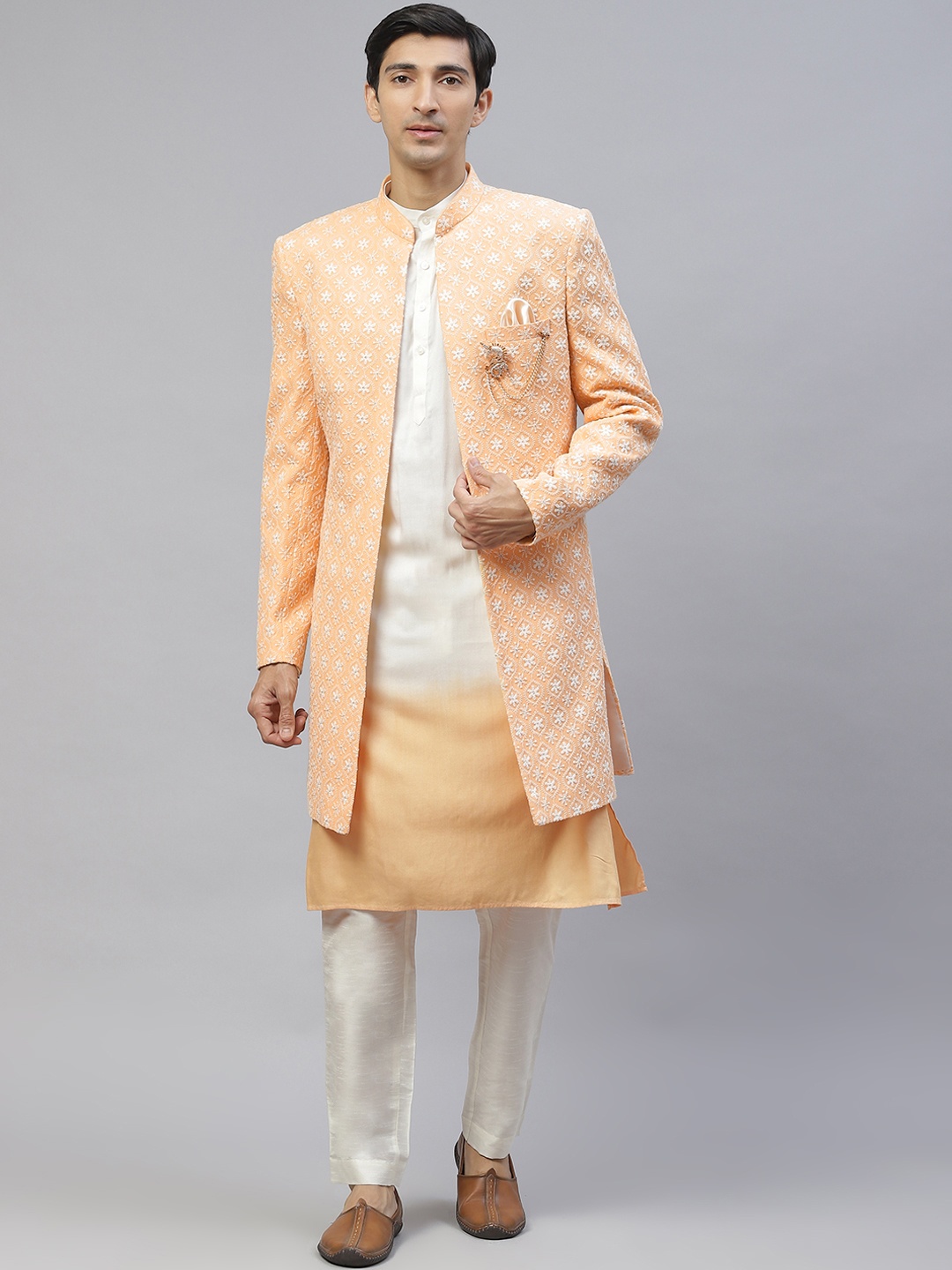 

MAXENCE Men Peach & White Floral Embroidered Jacquard Sherwani with Trousers & Kurta