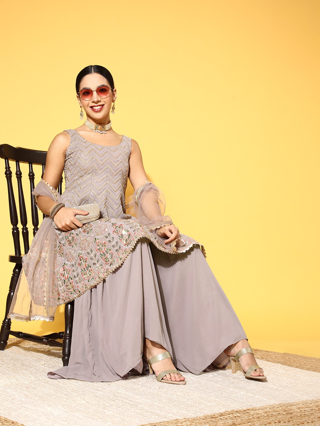 

Chhabra 555 Women Mauve Embroidered Panelled Made to Measure Kurta with Sharara & Dupatta