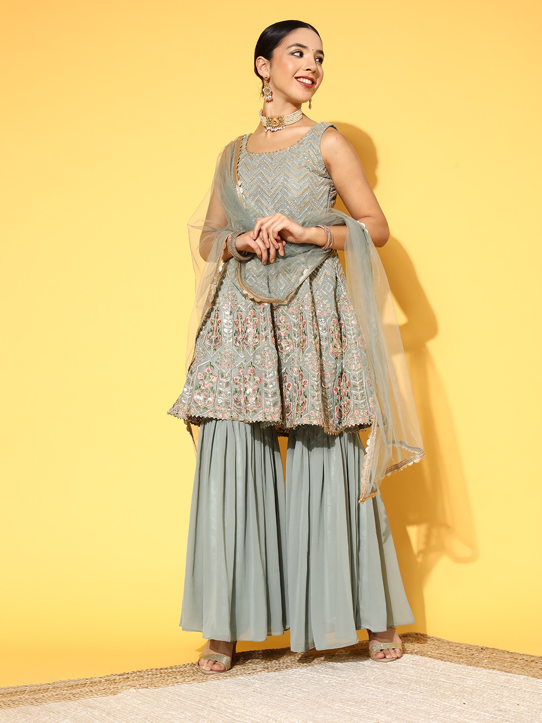 

Chhabra 555 Women Green Embroidered Panelled Made to Measure Kurta with Sharara & Dupatta