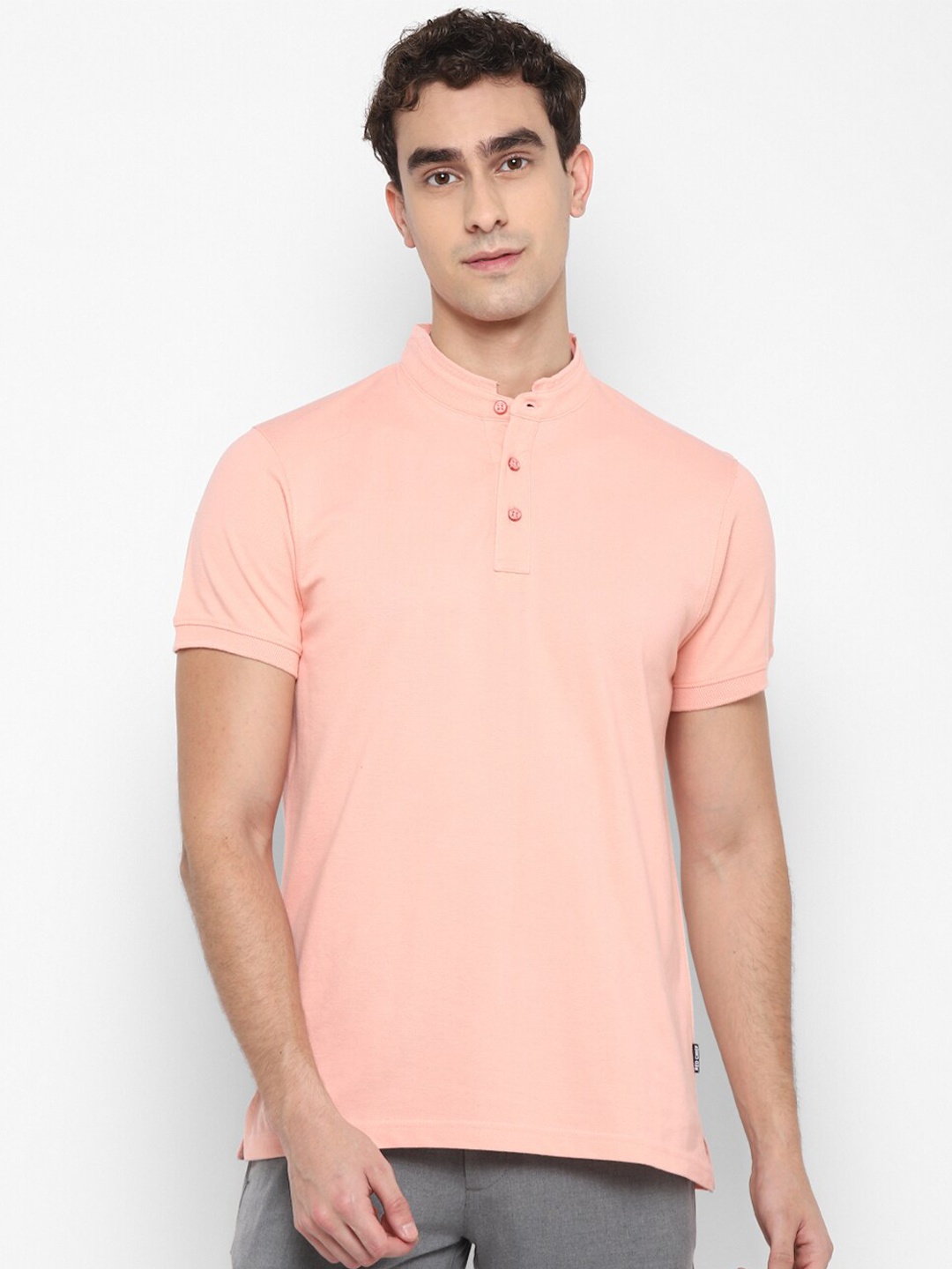 

Red Chief Men Peach-Coloured Mandarin Collar Cotton T-shirt