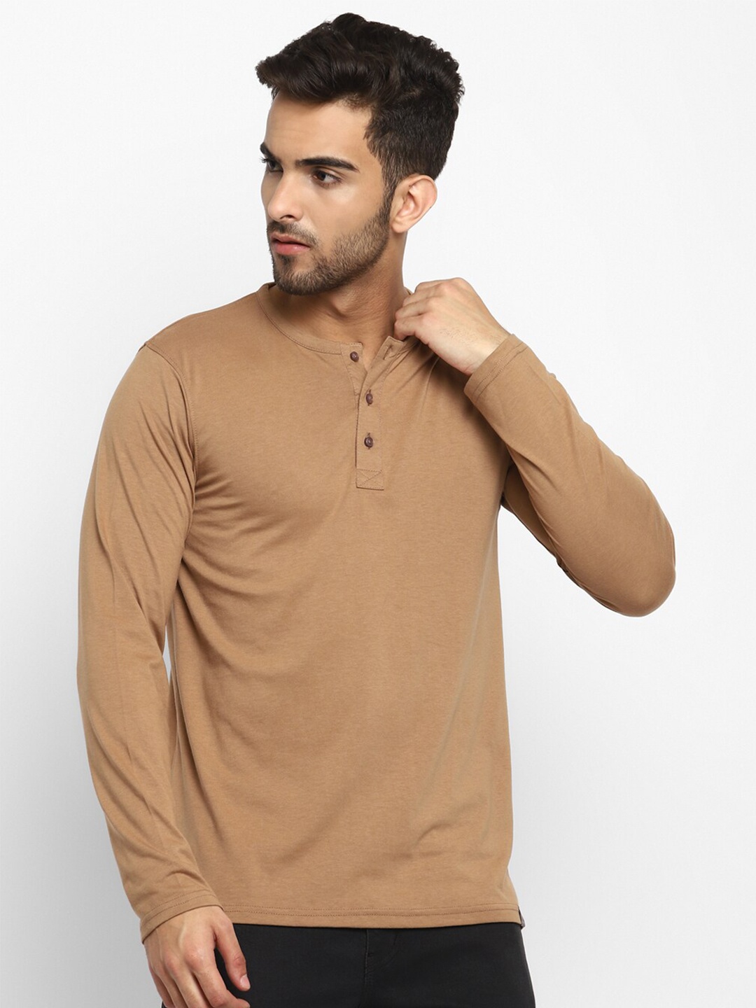 

Red Chief Men Brown Henley Neck Cotton T-shirt