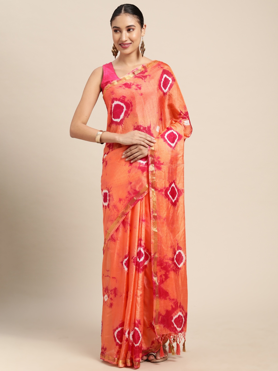 

KALINI Women Peach-Coloured & Pink Art Silk Bandhani Saree