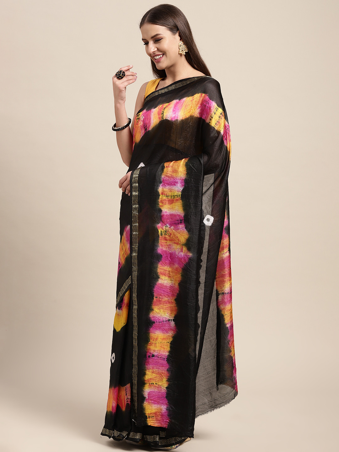 

KALINI Women Black Tie and Dye Bandhani Saree