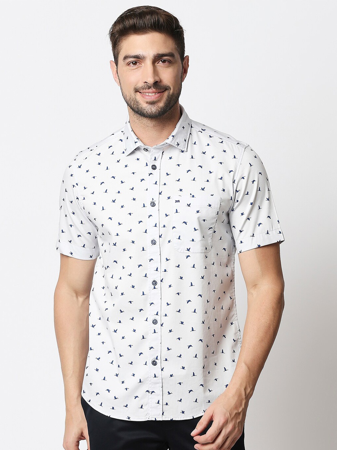 

Basics Men Grey & Blue Slim Fit Printed Casual Shirt