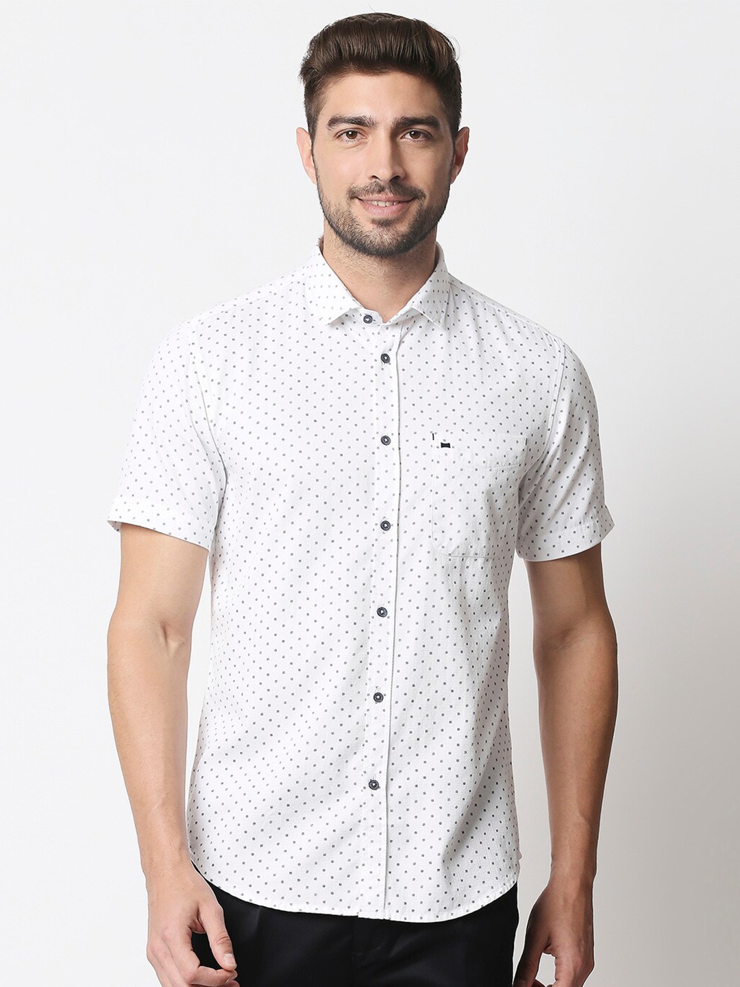 

Basics Men White & Black Slim Fit Printed Cotton Dobby Casual Shirt