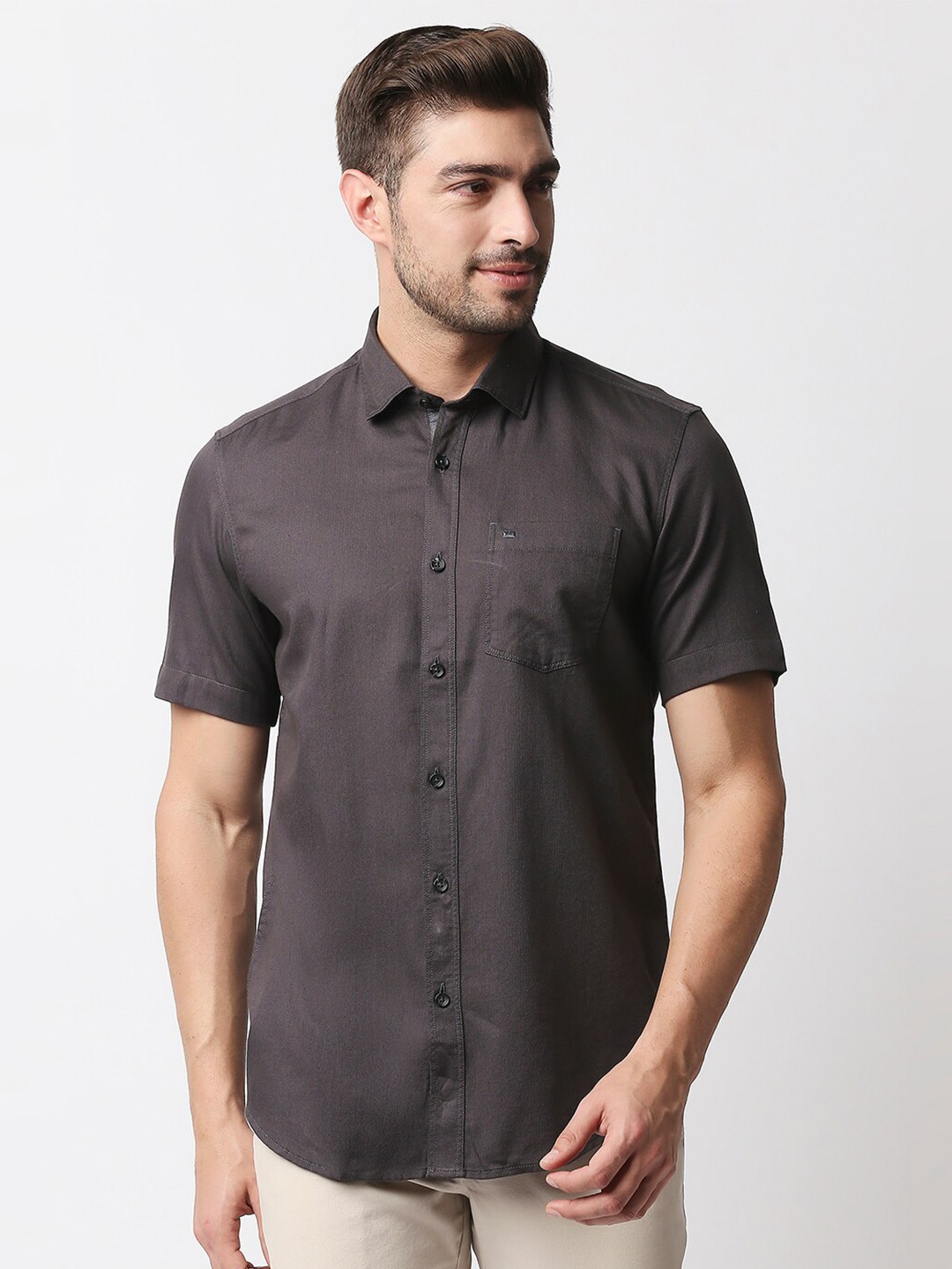 

Basics Men Charcoal Grey Slim Fit Cotton Casual Shirt
