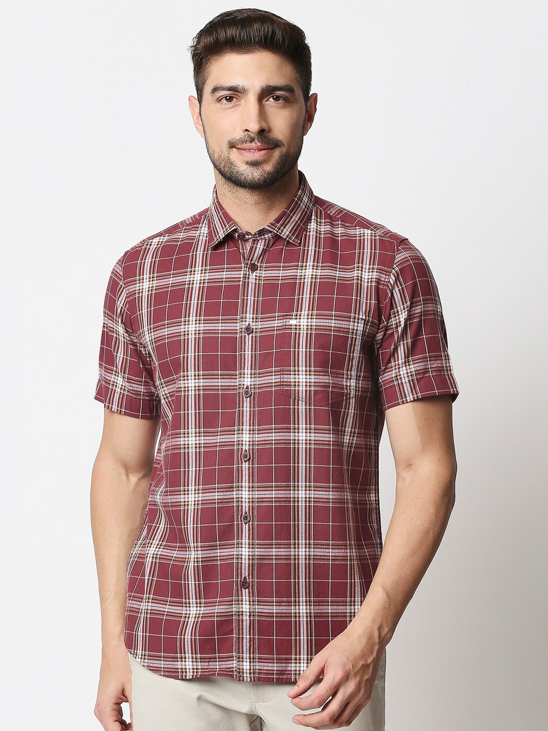 

Basics Men Maroon Slim Fit Tartan Checked Casual Cotton Shirt