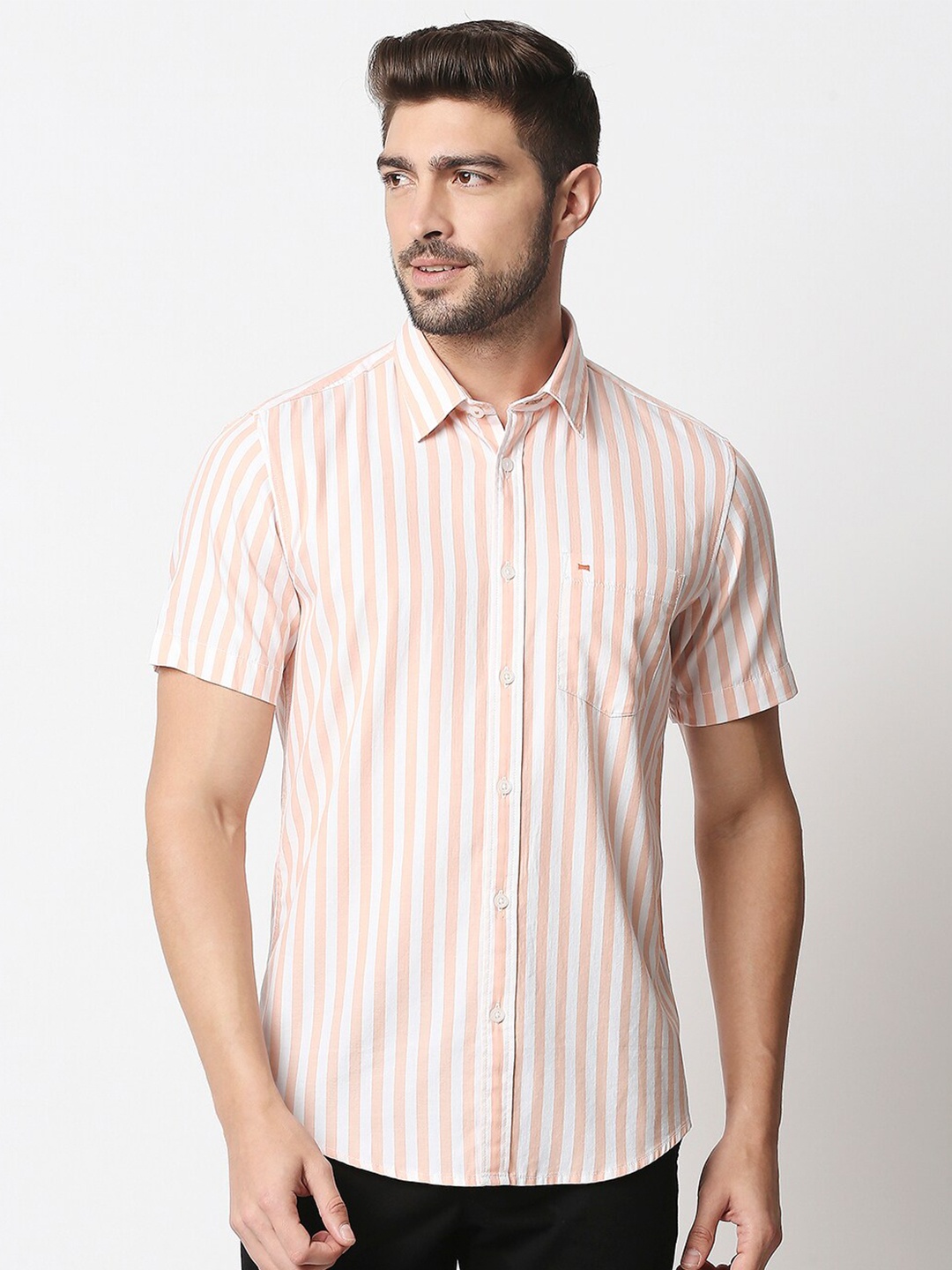 

Basics Men Peach-Coloured & White Slim Fit Striped Cotton Casual Shirt