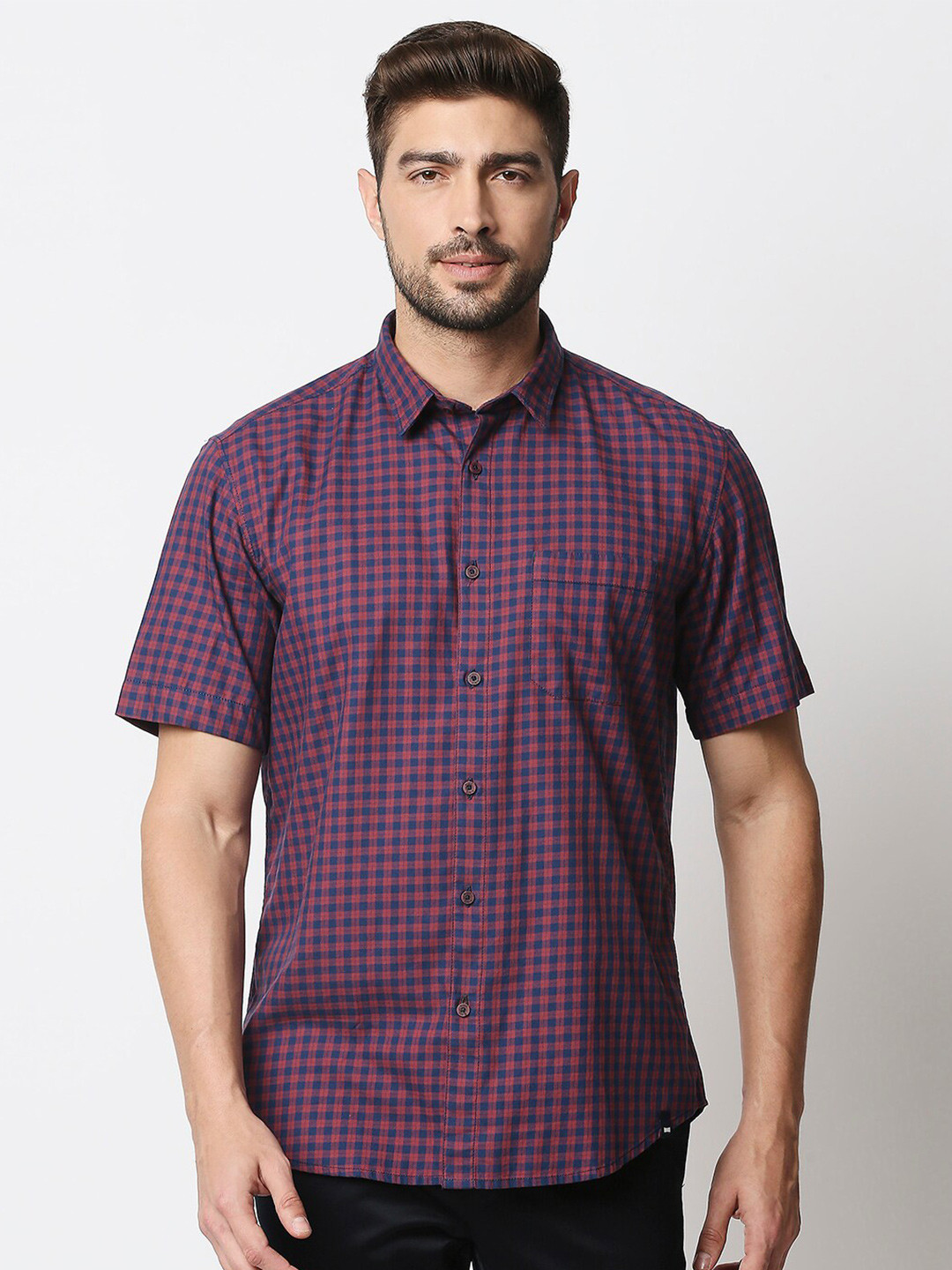 

Basics Men Red & Blue Slim Fit Checked Casual Cotton Shirt