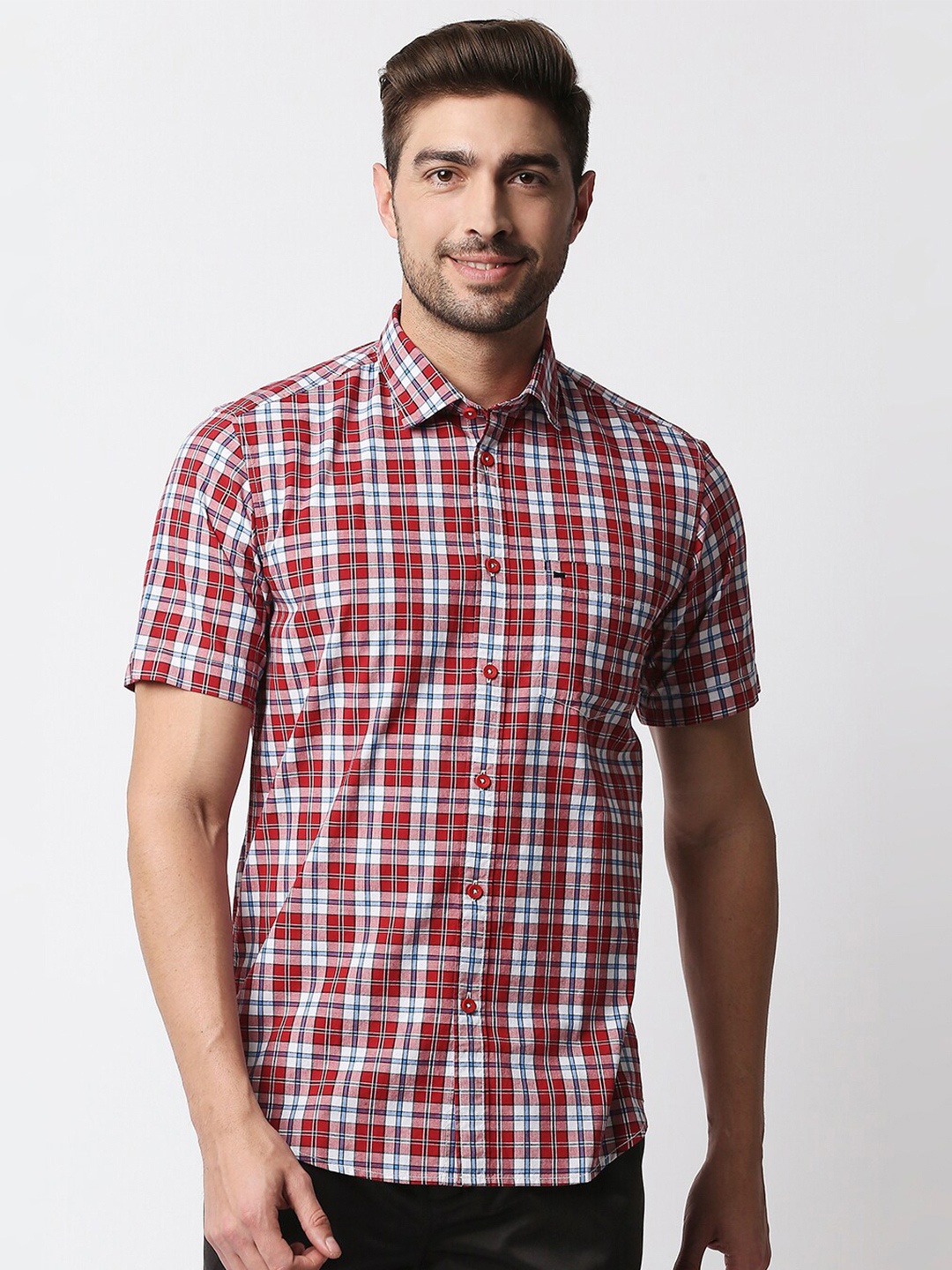 

Basics Men Red & Blue Slim Fit Checked Pure Cotton Casual Shirt
