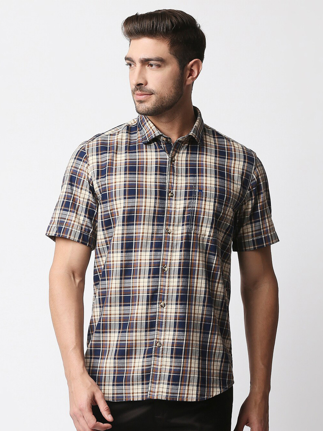 

Basics Men Khaki & Navy Blue Slim Fit Checked Cotton Casual Shirt