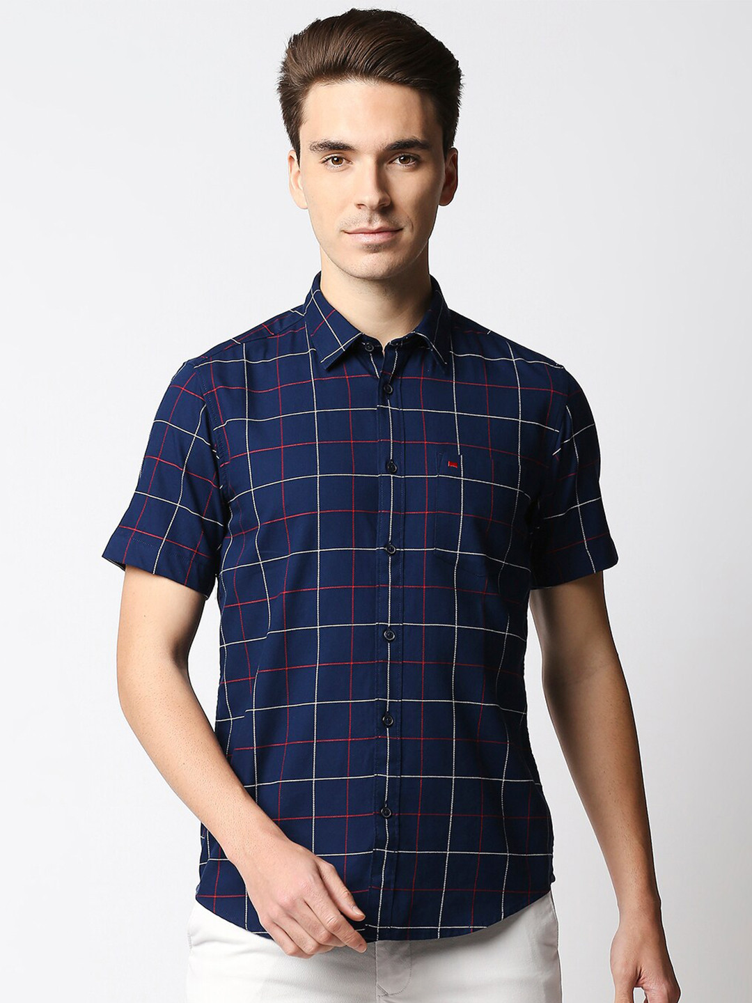 

Basics Men Navy Blue & White Slim Fit Checked Cotton Dobby Casual Shirt